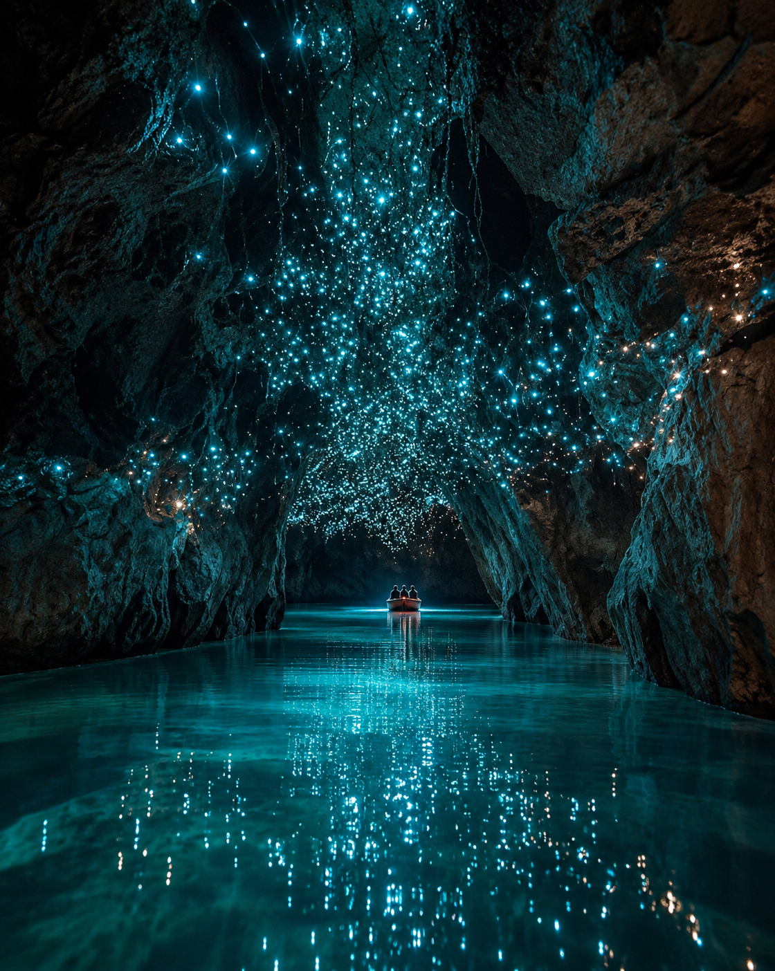 We'll float on a boat through the Waitomo caves in total silence, under a ceiling lit by thousands of glowworms.